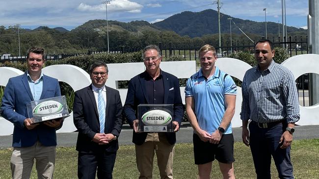 The Cronulla Sharks are set to return to their ‘home away from home’ next season. Pictured (from left) Coffs Harbour City Prosperity group leader Dan Heather, Sharks CEO Dino Mezzatesta, Coffs mayor Paul Amos, Sharks player Lachlan Miller and local state MP Gurmesh Singh. Picture: Matt Gazy