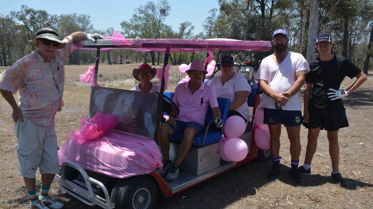 Bob Monaghan, Allan and Raewyn Willoughby, Bridgette Hedges, Darrell Offord and Teejay Offord at the Proston Pink Golf Day on Saturday, November 16. (Photo: Jessica McGrath)