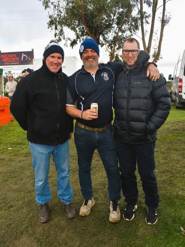 West Gippsland league grand final match 2024 — Phillip Island Bulldogs V Nar Nar Goon "The Goon" Football Club at Garfield Recreation Reserve on September 14, 2024: Jim, Tim and Slim. Picture: Jack Colantuono