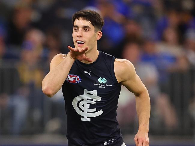 PERTH, AUSTRALIA - APRIL 29: Adam Cerra of the Blues celebrates a goal during the round seven AFL match between the West Coast Eagles and Carlton Blues at Optus Stadium, on April 29, 2023, in Perth, Australia. (Photo by Paul Kane/Getty Images)