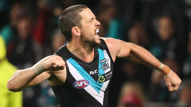 Travis Boak of the Power reacts after kicking a goal during the Round fifteen AFL match between Port Adelaide Power and Richmond Tigers at Adelaide Oval in Adelaide, Friday, July 1, 2016 (AAP Image/Ben Macmahon) NO ARCHIVING, EDITORIAL USE ONLY