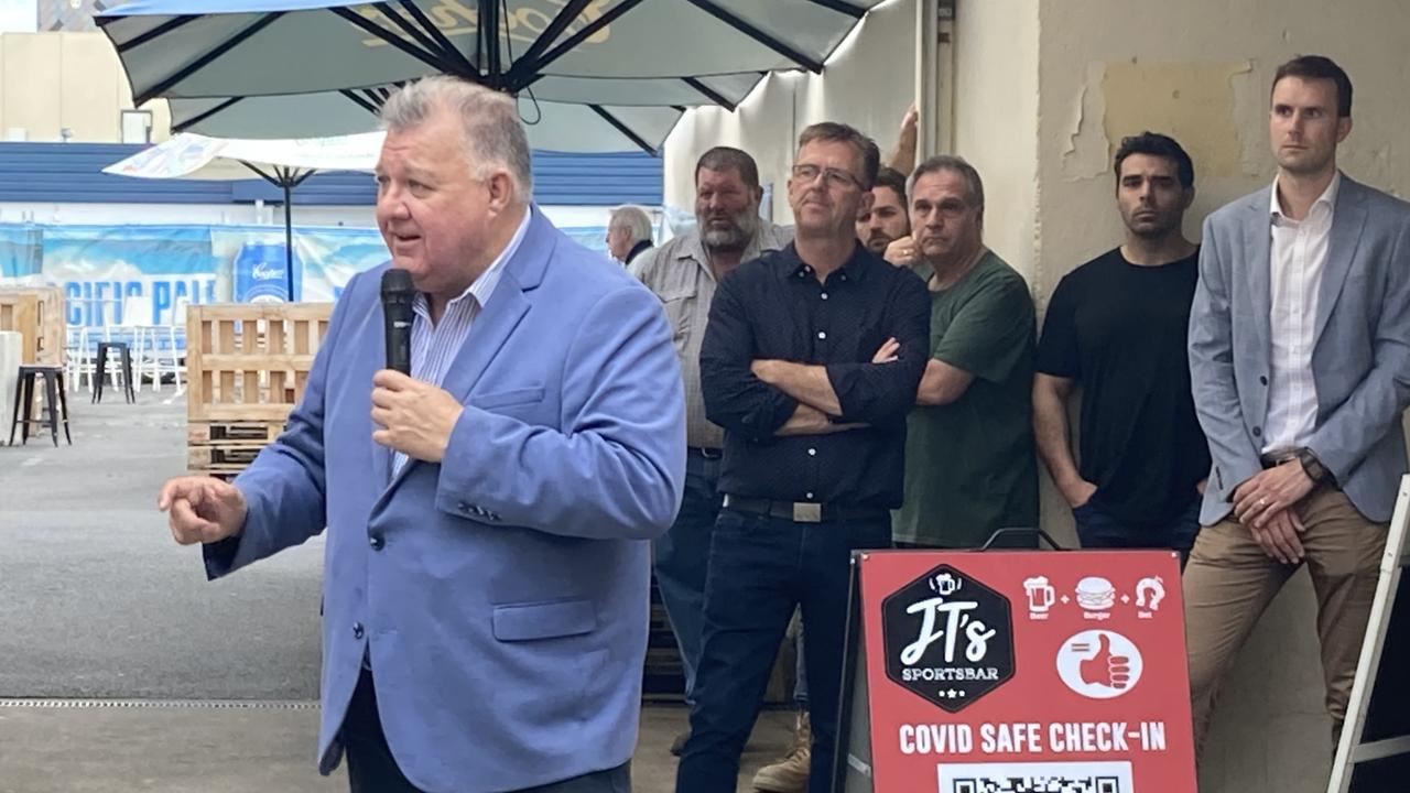 Craig Kelly speaking to a crowd at Jens Hotel in Mount Gambier. Picture: Arj Ganesan