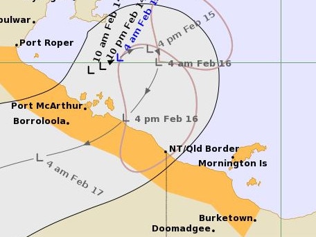 The latest tracking map of the potential cyclone's projected path into Queensland's northwesternmost corner.