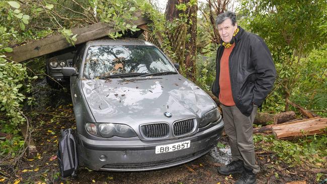 Hadleigh Rise resident Bernard O’Brien by his carport, which collapsed on his cars Picture: Brenton Edwards