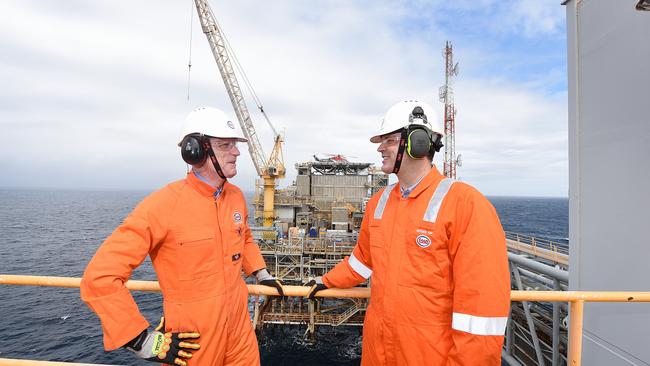 Barracouta gas field rig in Bass Strait. (L-R) APPEA chief executive Andrew McConville with Exxon chairman Nathan Fay. Picture: Sharon Walker