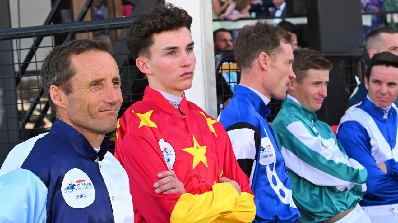 Damien Oliver and Zac Lloyd ahead of the 2023 Cox Plate. (Photo by Vince Caligiuri/Getty Images)