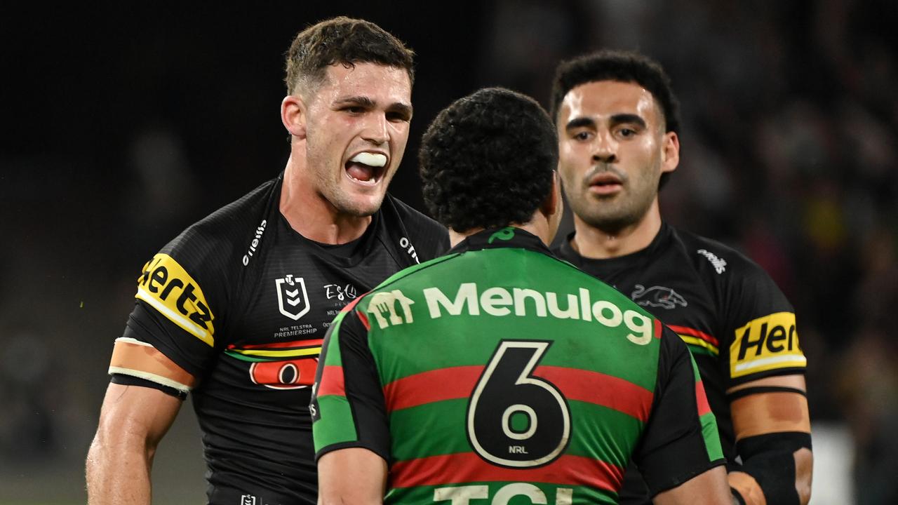 The Nathan Cleary vs Cody Walker battle is personal after this reaction following an intercept in the 2021 Grand Final. Picture: NRL Imagery