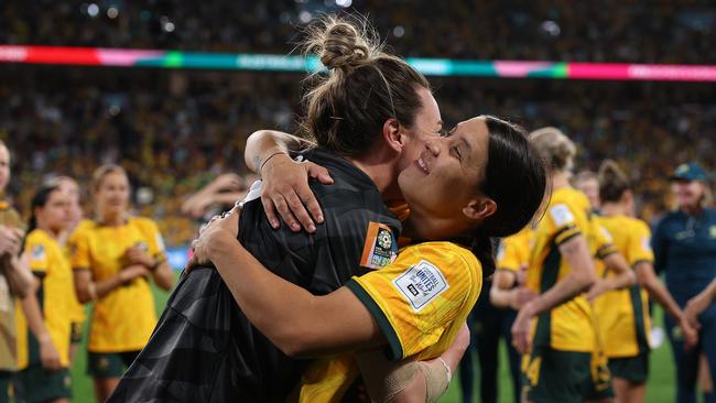 BRISBANE, AUSTRALIA - AUGUST 12: Mackenzie Arnold and Sam Kerr of Australia celebrate the teamÃ¢â¬â¢s victory through the penalty shoot out following the FIFA Women's World Cup Australia & New Zealand 2023 Quarter Final match between Australia and France at Brisbane Stadium on August 12, 2023 in Brisbane / Meaanjin, Australia. (Photo by Elsa - FIFA/FIFA via Getty Images)