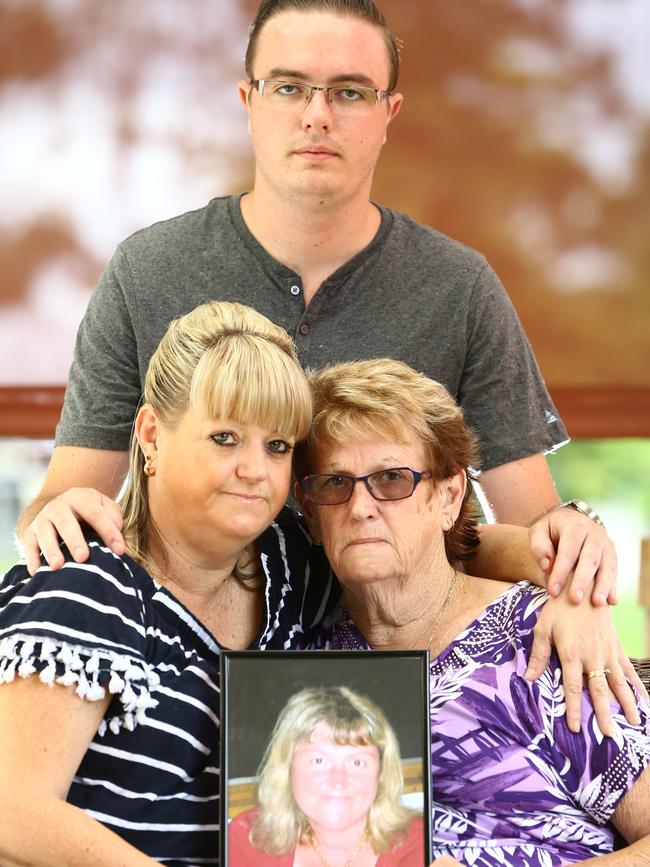 Kym Cobby’s sister Kaye Eden, son Joel Cobby, and mother Olwyn Schulz pictured shortly after the woman’s death. Picture: Glenn Hampson.