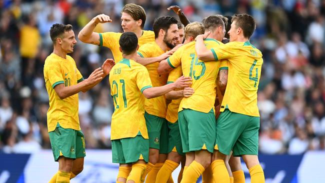 The Socceroos’ protest comes with the protection of their sport, and the players assume no risk with their virtue signalling. Picture: Getty Images.