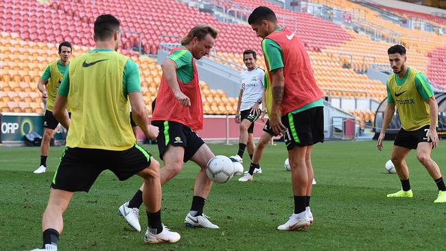 Rhyan Grant, centre, training with the Socceroos at Suncorp Stadium last Friday. Picture: AAP