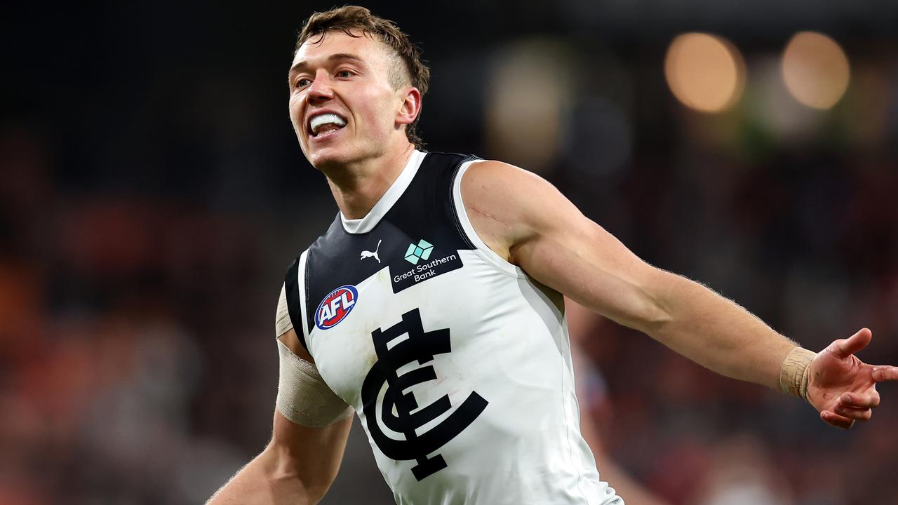 SYDNEY, AUSTRALIA - JULY 06: Patrick Cripps of the Blues celebrates after kicking a goal during the round 17 AFL match between Greater Western Sydney Giants and Carlton Blues at ENGIE Stadium, on July 06, 2024, in Sydney, Australia. (Photo by Brendon Thorne/AFL Photos/via Getty Images)