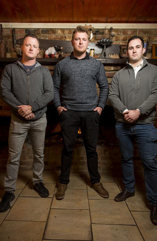 United Patriots Front inner circle members Chris Shortis, Blair Cottrell and Thomas Sewell at the Bush Pig Inn outside of Bendigo ahead of a UPF meeting. Picture: Eugene Hyland