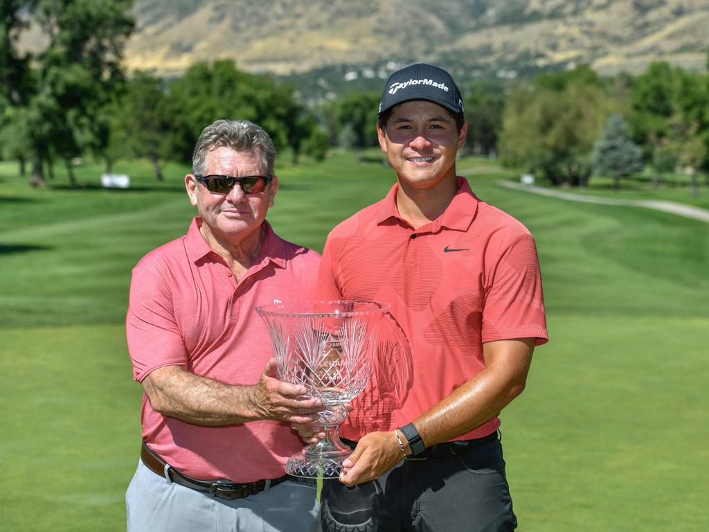 Karl Vilips with father Paul after winning the final round of the Utah Championship. Picture: Alex Goodlett/Getty Images