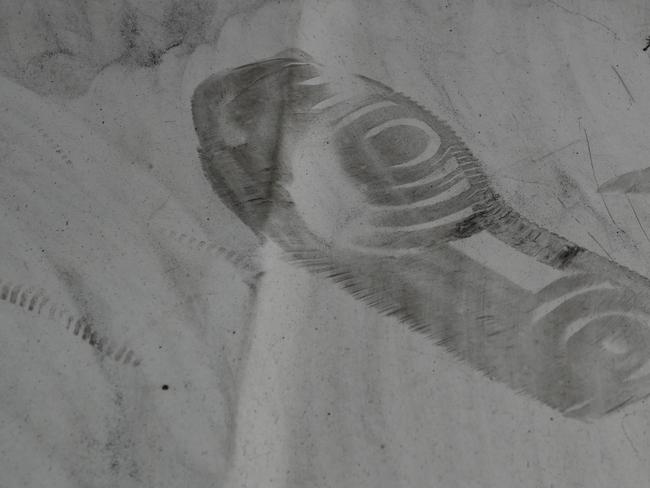 A foot print in crime scene dust on one of the four police cars. Picture: David Crosling