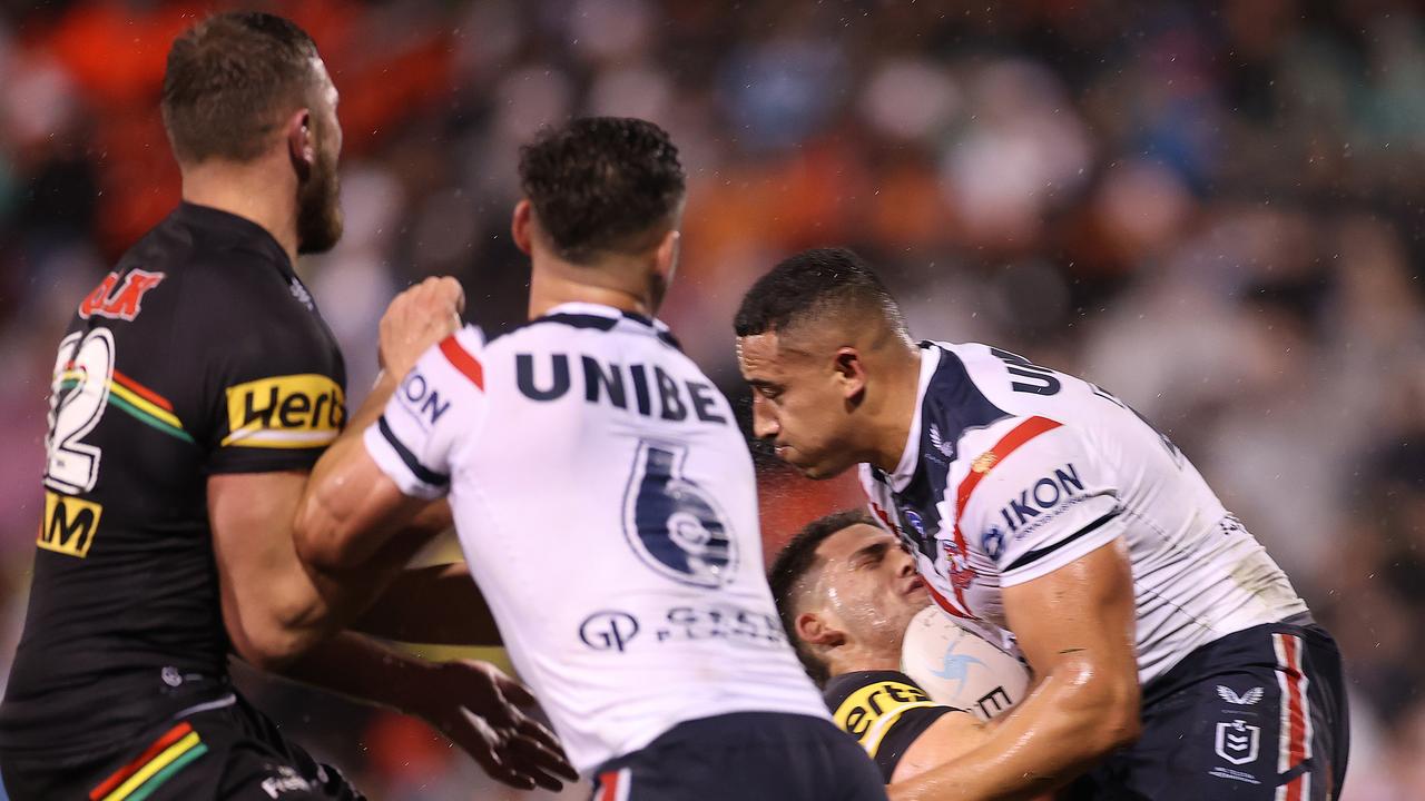 The contact that saw Siosiua Taukeiaho sin-binned, despite Nathan Cleary appearing to fall into the shoulder. Picture: Getty Images.