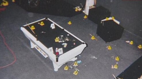 An image tendered to the court during the trial of five former Finks found guilty of bashing a fellow Fink at the club's northern clubrooms at Salisbury. The image shows police evidence markers at the clubrooms following the bashing.