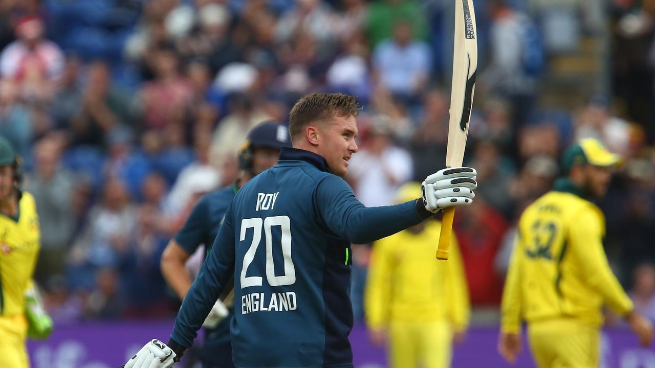 England's Jason Roy celebrates reaching his century during the 2nd ODI against Australia. Photo: Geoff Caddick/AFP Photo. 