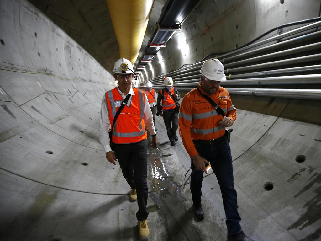 North West Rail Link Project Director, Rodd Staples and Bella Vista Project Manager, Tim Burns in the North West Rail Link tunnel at Bella Vista. The North West Rail Link is underway and TBM Elizabeth has cut through 1092metres of earth travelling East from Bella Vista. Picture: Bradley Hunter