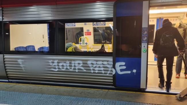 An Adelaide Metro train has been vandalised with profanities ahead of planned strike action. Picture: Supplied