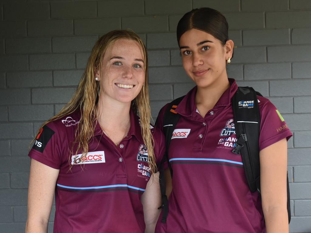 Jayda Earl and Lucynda Tronc at the CQ Capras versus Mackay Cutters under-17 and under-19 pre-season trials at Rugby Park, Rockhampton, on February 1, 2025.