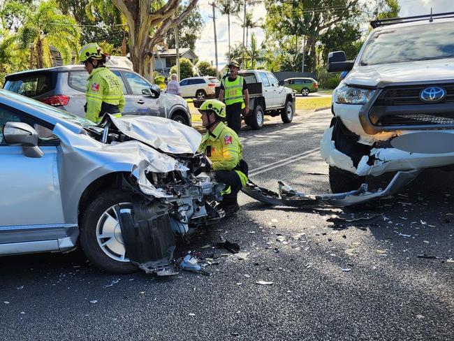 A sedan collided head-on with a ute after earlier taking out a parked boat and trailer in Sawtell on Wednesday, January 8. Picture: Facebook