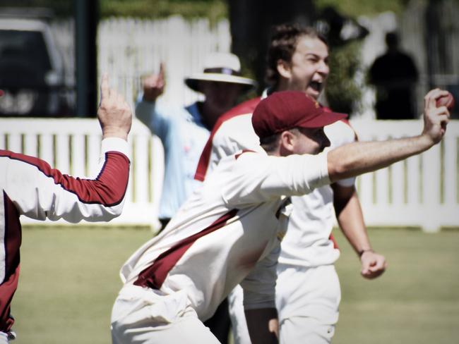 Brothers Clocktower Hotel captain Jake Kroehnert celebrates after taking a sharp catch at short mid wicket to remove Ulmarra Hotel Tucabia Copmanhurst No.6 batsman Andrew Ellis for 2.