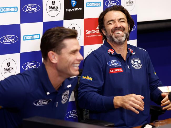 Hawkins and Scott share a laugh at a press conference. Picture: Getty Images