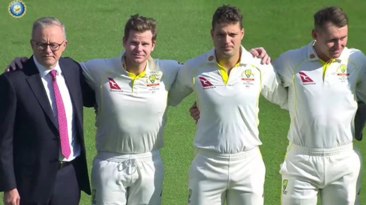 Prime Minister Anthony Albanese sung the national anthem alongside the Test team. Picture: Kayo