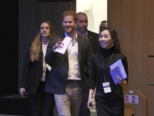 <br/>A beaming Prince Harry arrived for a sustainable tourism summit at the Edinburgh International Conference Centre. Picture: AP