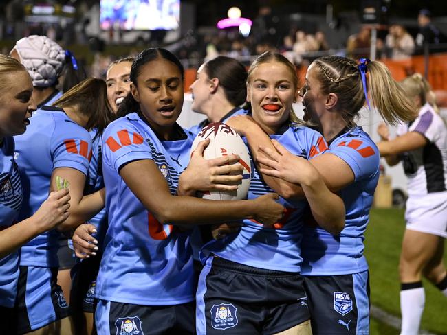 Kasey Reh celebrates a try for NSW. NRL Mens_Womens Under 19's SOO-NSW v QLD at Leichhardt Oval . Picture: NRL Photos/Gregg Porteous