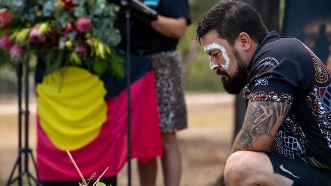 Trent Lee performs ceremonial Welcome to Country as Aboriginal Investment NT has launched a five year plan to invest $655m in driving Aboriginal-led development across the NT, unlocking capital previously controlled by the federal government. Picture: Pema Tamang Pakhrin