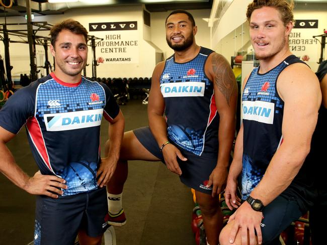 Waratahs’ latest 100 club trio Nick Phipps, Sekope Kepu and Michael Hooper.