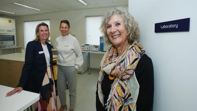 Research operations manager Bree Sarah, clinical trial manager Kate Ellis, and research participant Margaret Lourey at Barwon Health’s Adrian Costa Clinical Trials Centre. Picture: Alan Barber