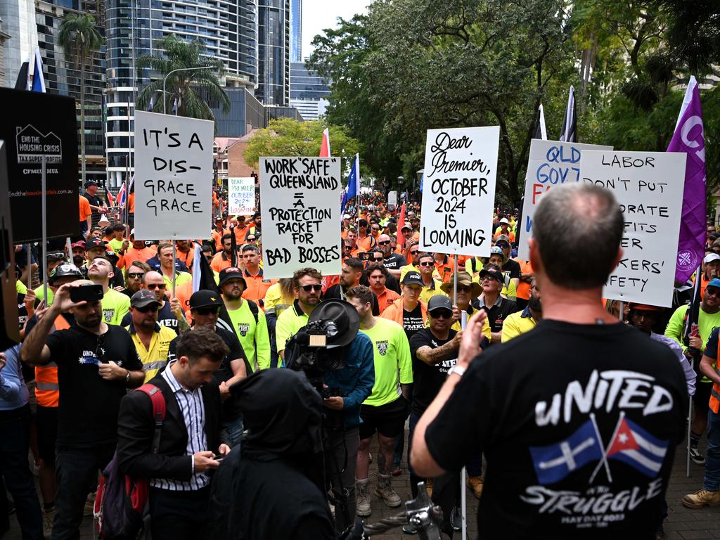 Members of the CFMEU protest outside Parliament house in Brisbane. Picture: Dan Peled / NCA NewsWire