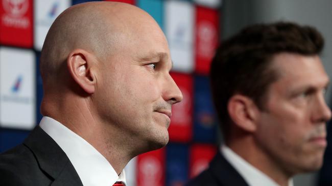 Matthew Nicks with Crows CEO Andrew Fagan at his first press conference as Crows coach. Picture: AAP Image/Kelly Barnes