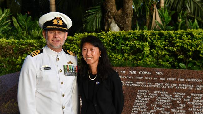 Dawn Service at Anzac Park for 83rd commemoration of Battle of Coral Sea. Commander Andrew Thorpe with U.S. Consulate General Sydney head of public affairs Li Ping Lo. Picture: Evan Morgan