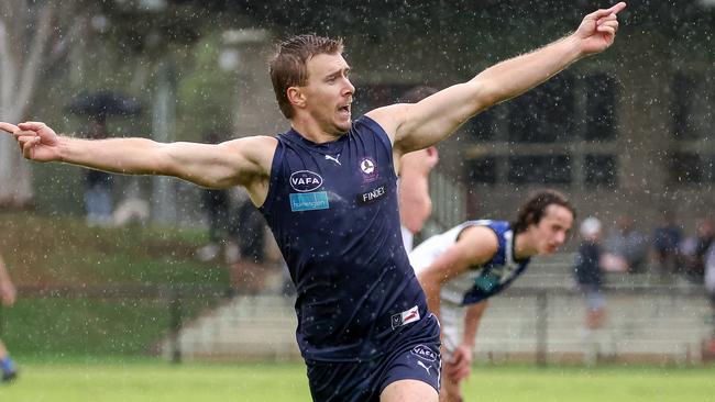 Old Melburnians v University Blues at Elsternwick Park Oval, Brighton, Melbourne, April 15th 2023. Old Melburnians E Michelmore celebrates his goal.Picture : George Sal