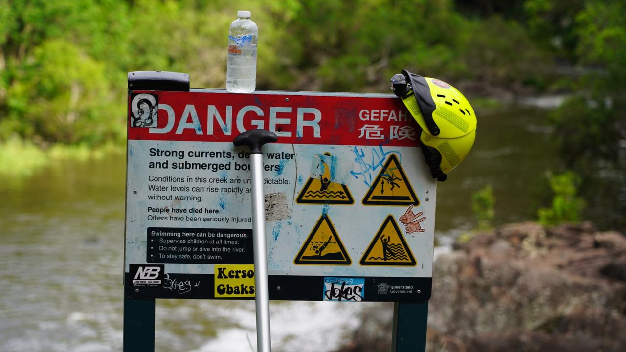 The warning sign at. Wappa Falls where a teenage boy and girl died on Sunday afternoon. Picture: Brendan West