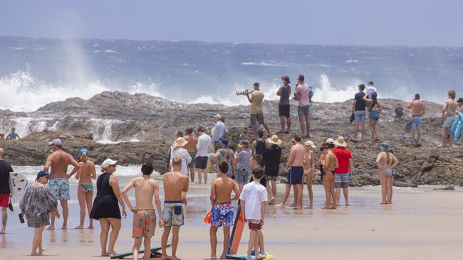 The crowds watching surfers at Snapper Rocks on Sunday 2 January 2022. Picture: Jerad Williams