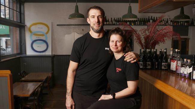 Tom Westcott with wife Whitney Ball owners of Tom McHugo's. Tom McHugo's in Hobart had their final day of trade before closing. Picture: Nikki Davis-Jones