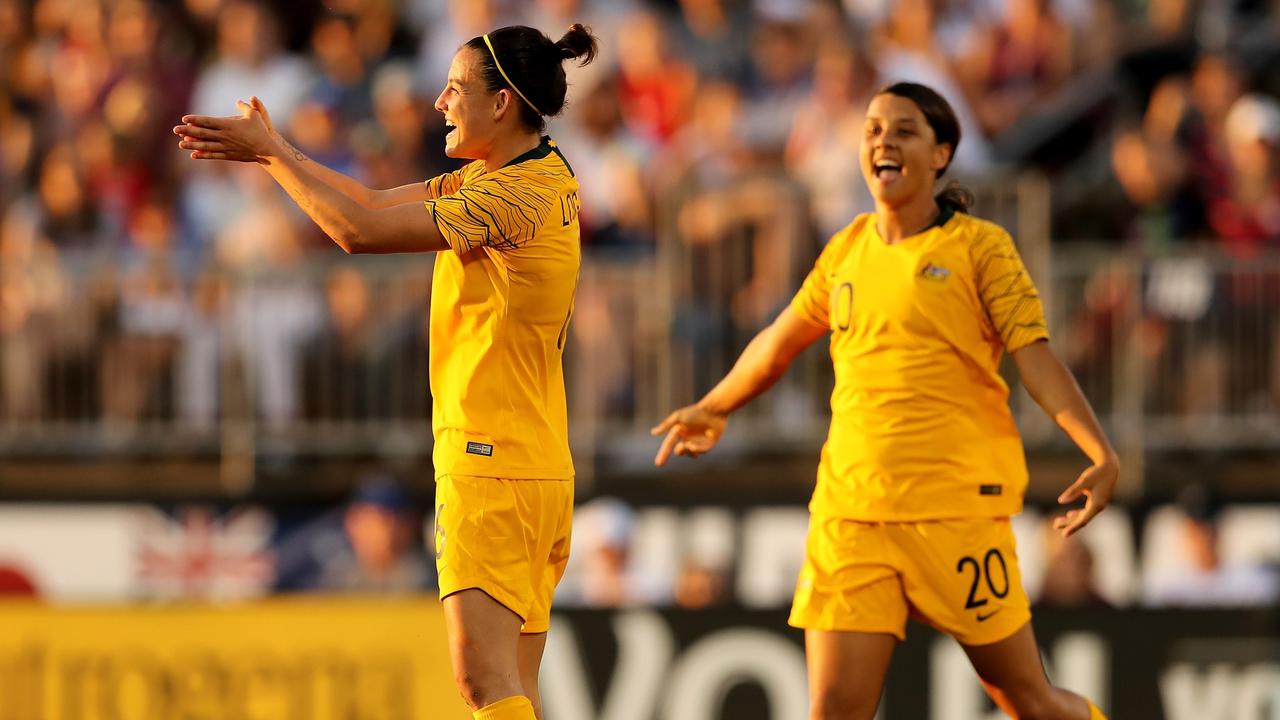 Chloe Logarzo celebrates her goal with teammate Sam Kerr.