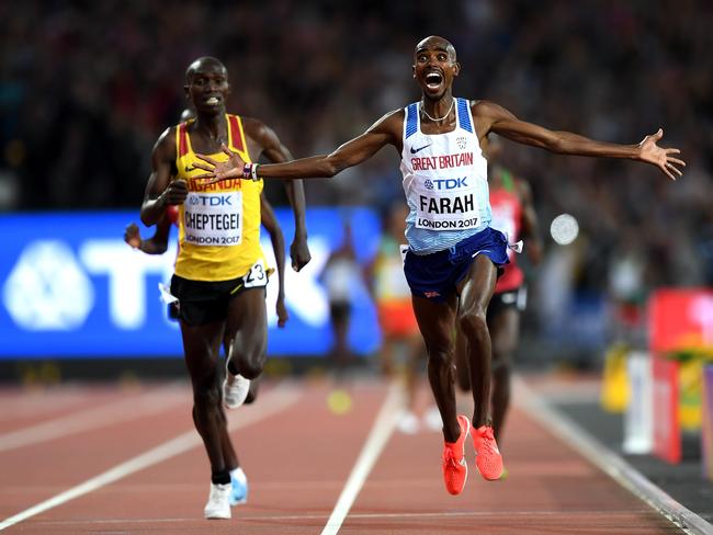 Mo Farah of Great Britain won the 10,000 metres final in front of a jubilant home crowd.