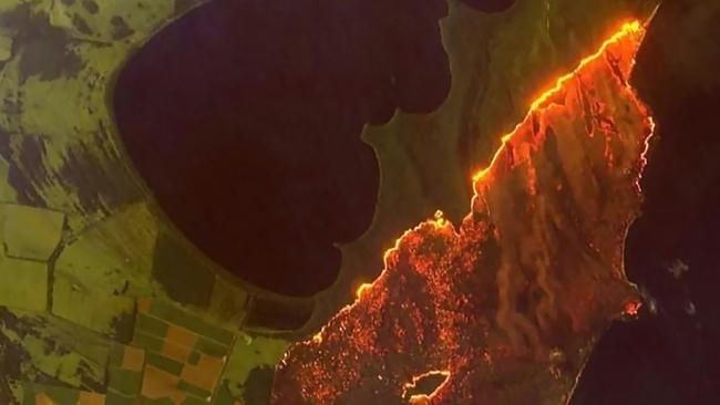 Satellite image looking over Yamba in northern NSW as bushfires consume the area.