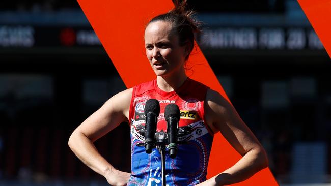 Pearce speaking at the first AFLW grand final of 2022. Picture: AFL Photos