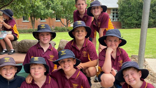 St Joseph's Catholic Primary School students at lunch time: First row: L -R: Mila Cottam, Jack Martin, Seth Hunter, Ryan Cunningham. Second row: L-R: Archie Keating, Archie Watson, Jaxon Wolfe. Back row: L-R: Harry Hodson and Logan Carmichael. Picture: Julieanne Strachan