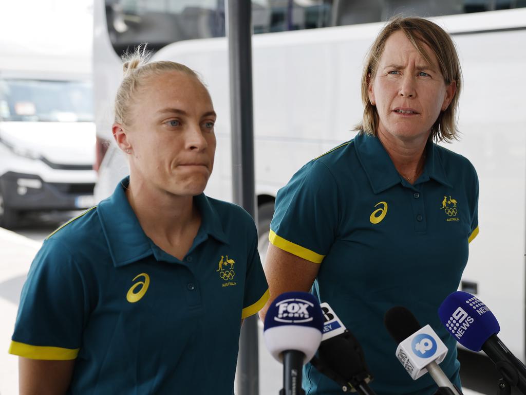 Tameka Yallop and assistant coach Melissa Andreatta front the media in Paris. Picture: Michael Klein