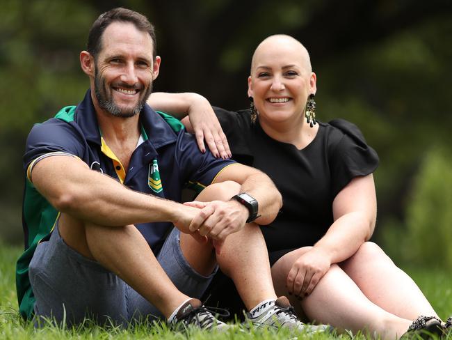 NRL referee Gavin Reynolds with his sister Christy. Gavin is going to have his head shaved to raise money for his cancer-suffering sister. Picture: Brett Costello