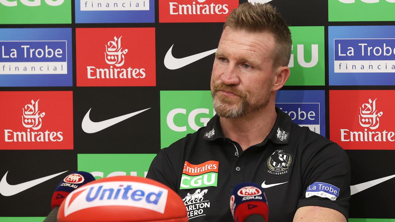 Nathan Buckley with a United ball during a Collingwood press conference. Picture: Michael Klein