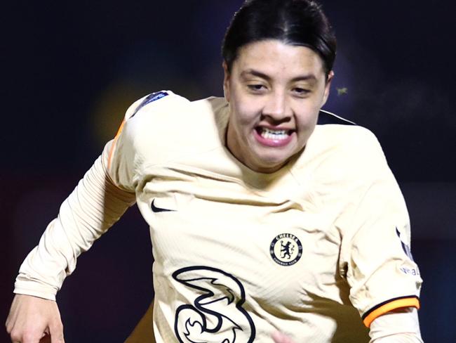 DAGENHAM, ENGLAND - FEBRUARY 09:  Sam Kerr of Chelsea runs with the ball during the FA Women's Continental Tyres League Cup Semi Final match between West Ham United Women and Chelsea Women at Chigwell Construction Stadium on February 09, 2023 in Dagenham, England. (Photo by Clive Rose/Getty Images)